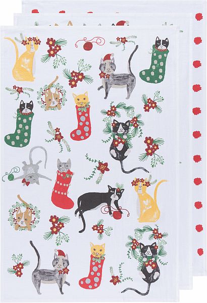 Floursack Dishtowels, Meowy Christmas Set of 3